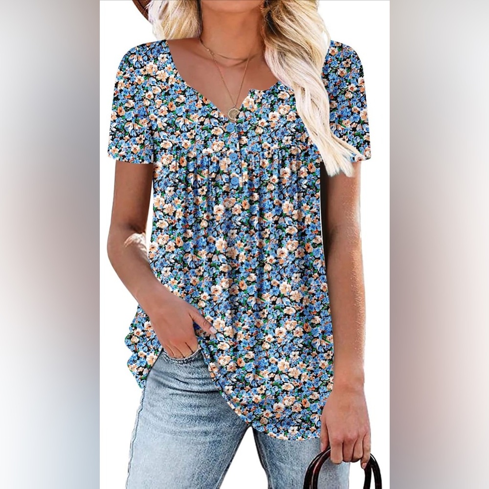 ROSELINLIN Women's Short Sleeve Floral Summer Top Loose Fit